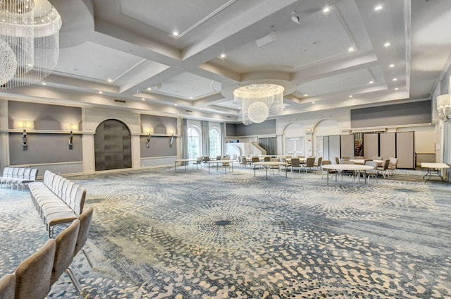 common area featuring coffered ceiling and recessed lighting