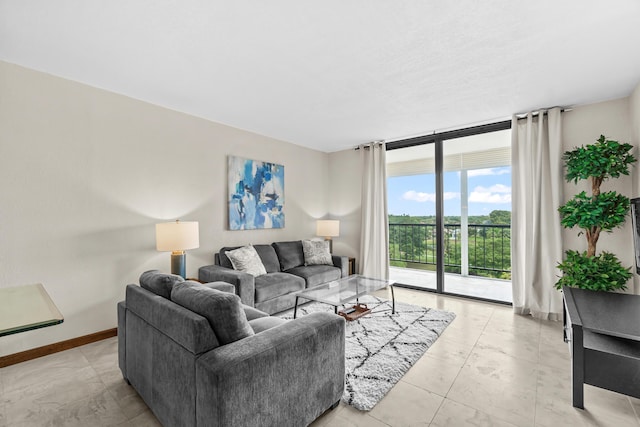 living room featuring baseboards and expansive windows