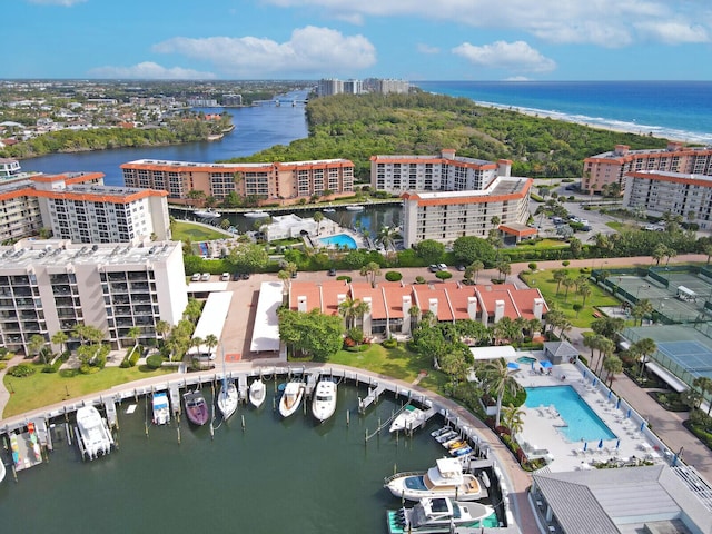 birds eye view of property featuring a water view