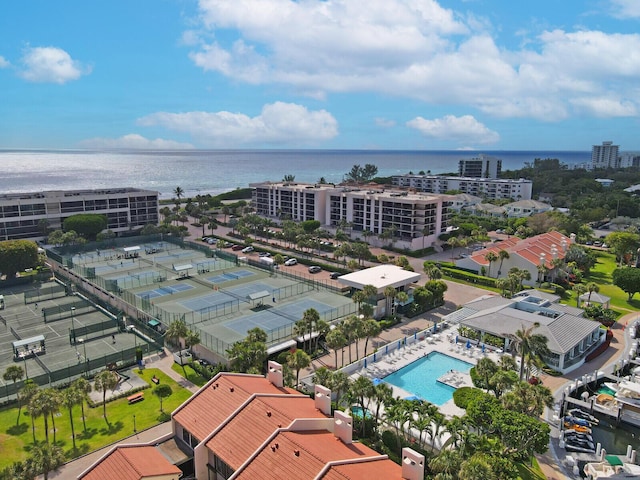 bird's eye view with a water view