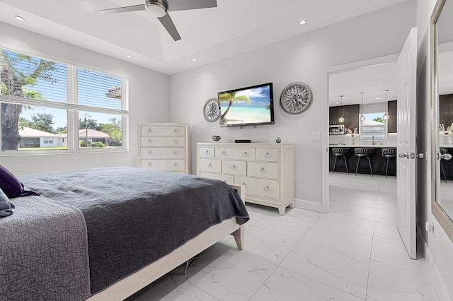 10867 Jefferson Way, Boynton Beach, FL 33437 - bedroom featuring recessed lighting, marble finish floor, ceiling fan, and multiple windows