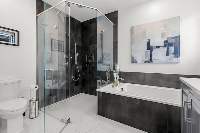 10867 Jefferson Way, Boynton Beach, FL 33437 - bathroom featuring a garden tub, a shower stall, vanity, toilet, and marble finish floor