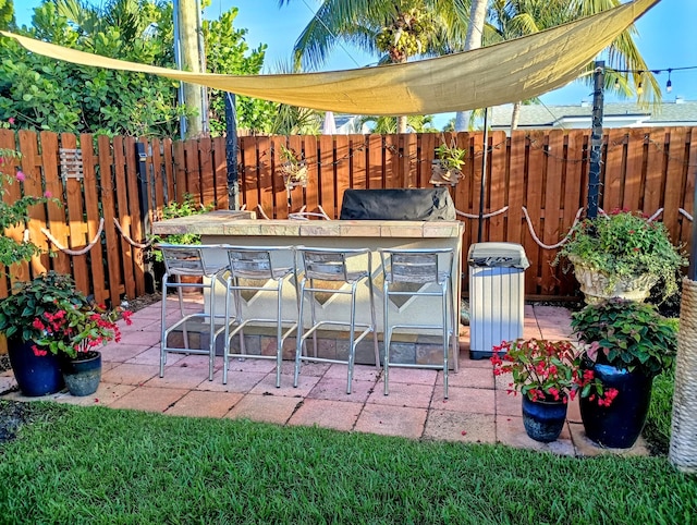 view of patio with a grill, a fenced backyard, and outdoor dry bar