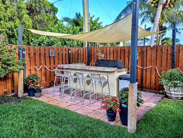 view of patio featuring a fenced backyard and outdoor dry bar