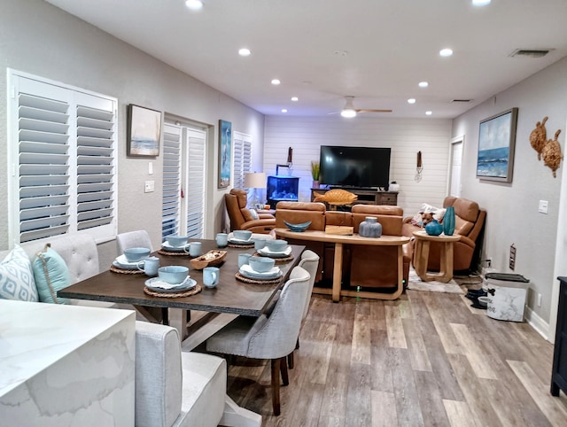380 Laurie Rd, West Palm Beach, FL 33405 - dining area featuring recessed lighting, ceiling fan, light wood-style flooring, and baseboards