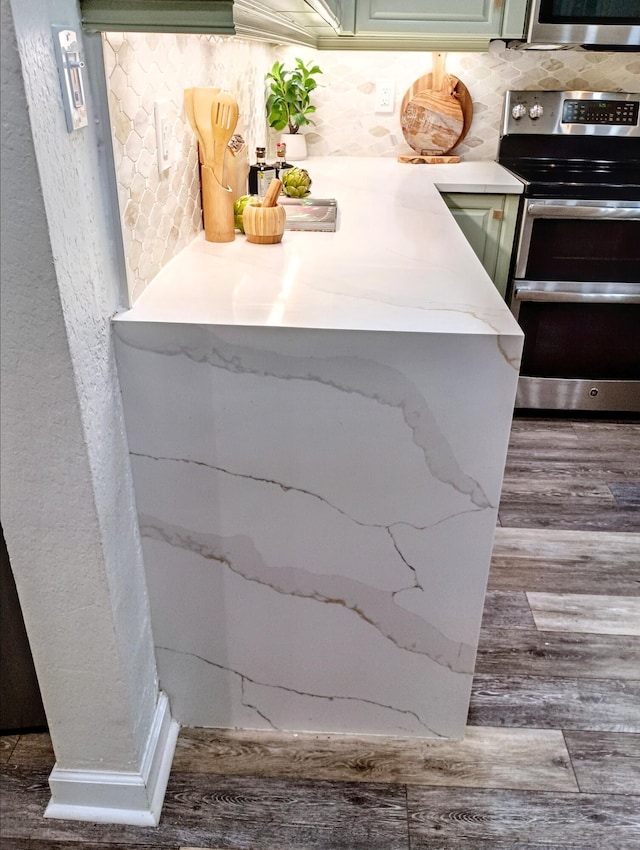 interior details with tasteful backsplash, light stone counters, dark wood-type flooring, green cabinets, and appliances with stainless steel finishes