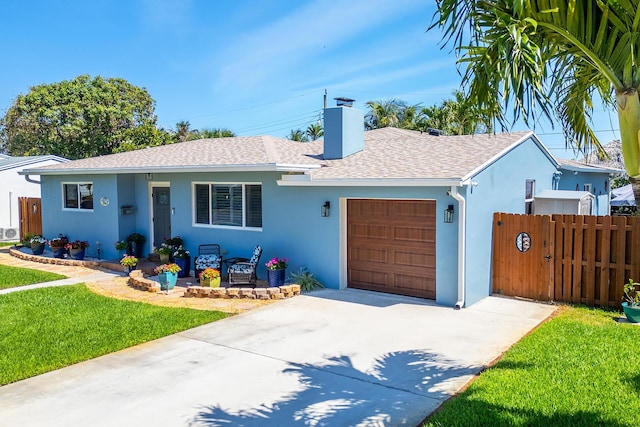 380 Laurie Rd, West Palm Beach, FL 33405 - single story home featuring an attached garage, a chimney, stucco siding, driveway, and a shingled roof