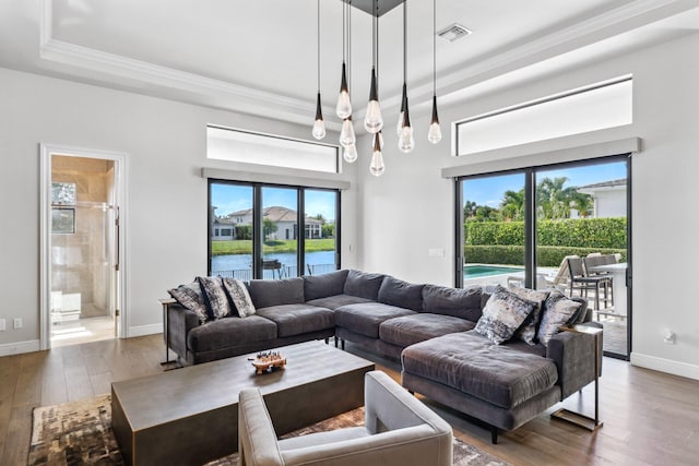 6950 NW 25th Way, Boca Raton, FL 33496 - living area featuring healthy amount of natural light, crown molding, a raised ceiling, hardwood / wood-style flooring, and baseboards