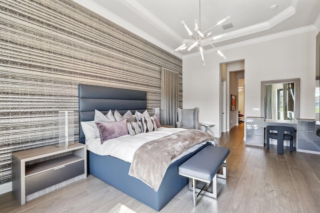 6950 NW 25th Way, Boca Raton, FL 33496 - bedroom featuring an accent wall, a chandelier, wallpapered walls, baseboards, and wood finished floors