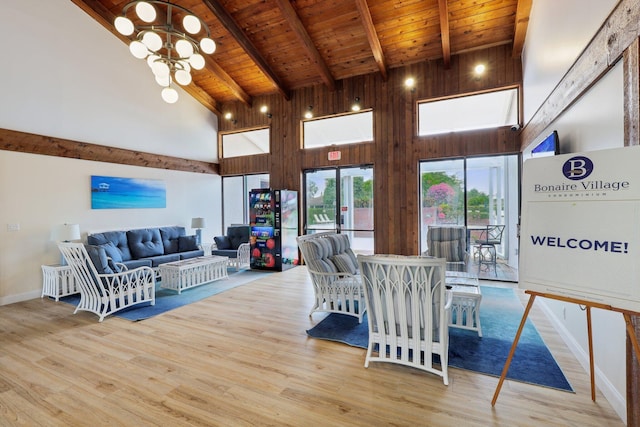 living room with wood ceiling, wood finished floors, high vaulted ceiling, and beamed ceiling