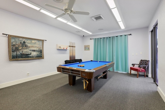 recreation room featuring carpet, a ceiling fan, baseboards, billiards, and visible vents