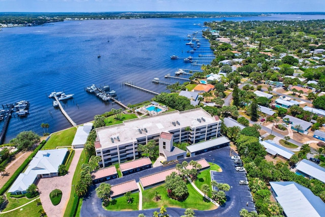drone / aerial view with a water view