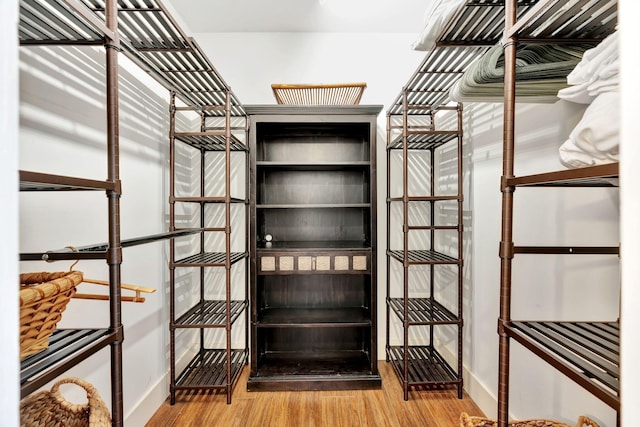 walk in closet with wood finished floors