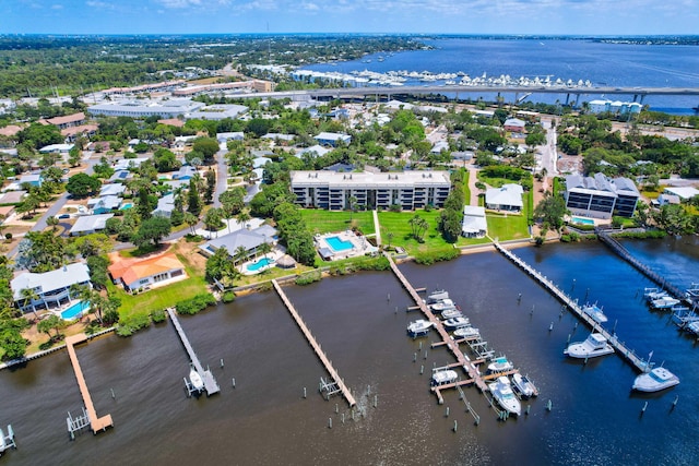 aerial view featuring a water view