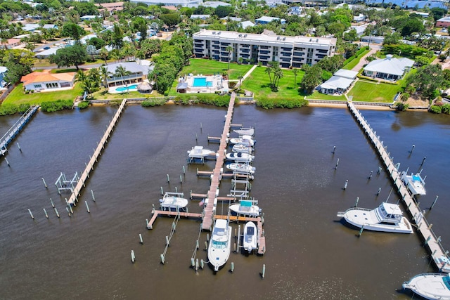 bird's eye view with a water view