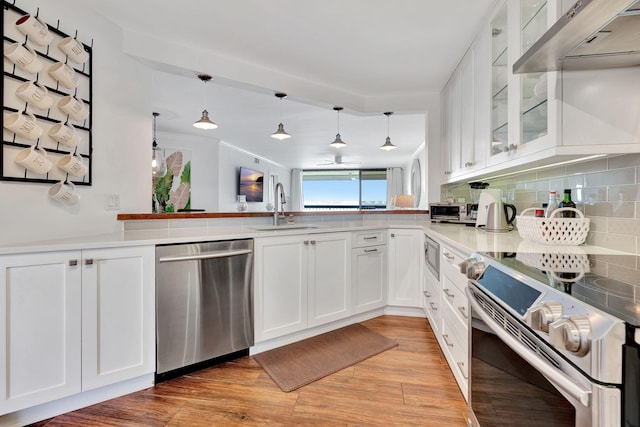 kitchen featuring under cabinet range hood, white cabinets, tasteful backsplash, a sink, and stainless steel appliances