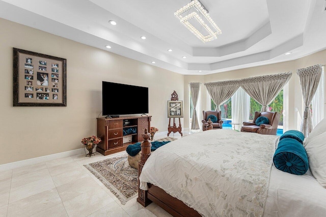 17906 Aberdeen Way, Boca Raton, FL 33496 - tiled bedroom with recessed lighting, baseboards, a chandelier, a raised ceiling, and access to exterior