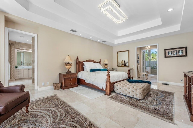 17906 Aberdeen Way, Boca Raton, FL 33496 - bedroom featuring a tray ceiling, baseboards, recessed lighting, ensuite bath, and a chandelier