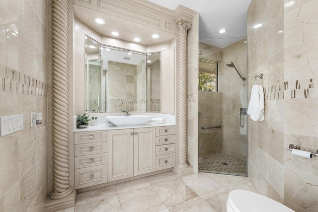 17906 Aberdeen Way, Boca Raton, FL 33496 - bathroom featuring tile walls, a shower stall, toilet, vanity, and recessed lighting