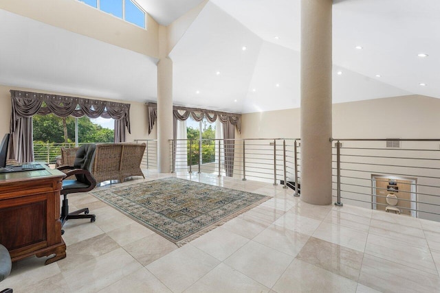 17906 Aberdeen Way, Boca Raton, FL 33496 - tiled home office with decorative columns, high vaulted ceiling, and recessed lighting