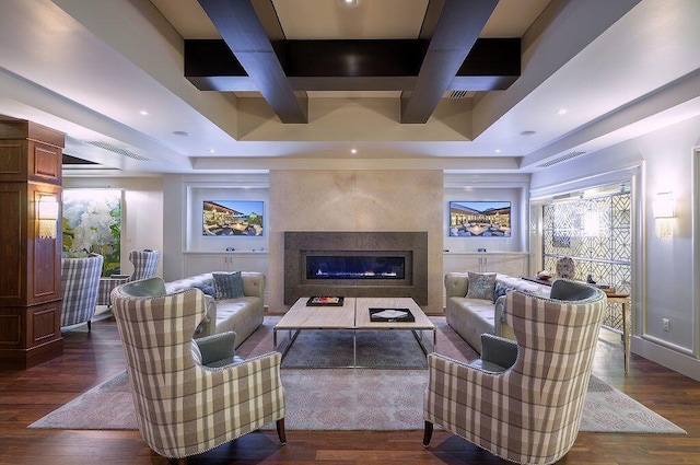 17906 Aberdeen Way, Boca Raton, FL 33496 - living area featuring coffered ceiling, a fireplace, dark wood-style flooring, beam ceiling, and recessed lighting