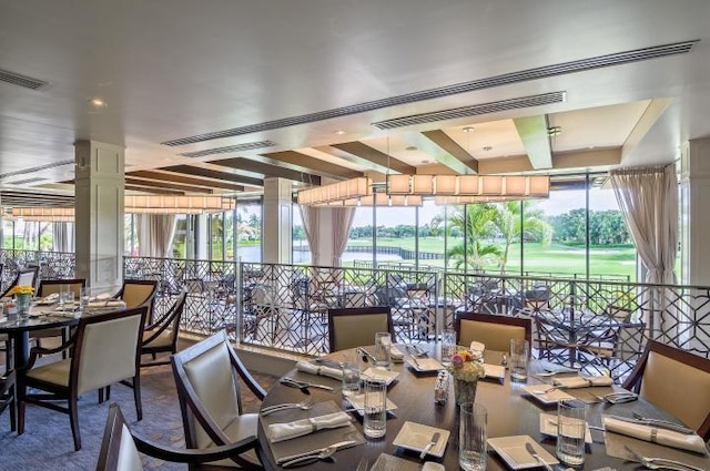 17906 Aberdeen Way, Boca Raton, FL 33496 - dining area featuring beamed ceiling and decorative columns