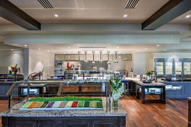 17906 Aberdeen Way, Boca Raton, FL 33496 - kitchen featuring tasteful backsplash, wood finished floors, beam ceiling, and stone countertops