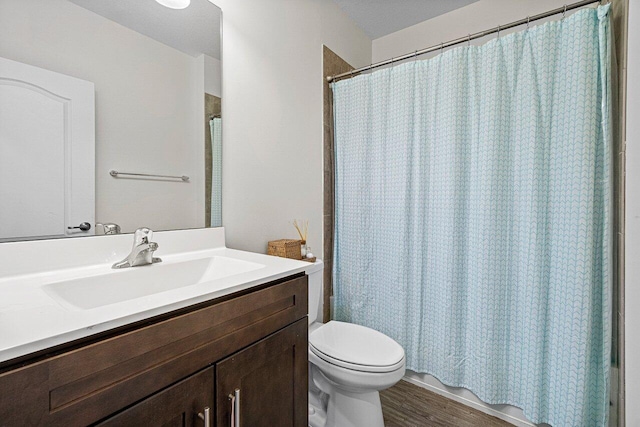 12949 Anthorne Ln, Boynton Beach, FL 33436 - bathroom with vanity, curtained shower, toilet, and wood finished floors