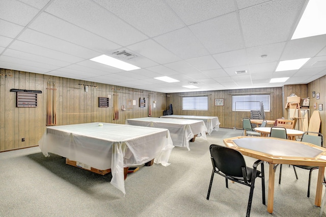 124 Mockingbird Ln Unit 124, Delray Beach, FL 33445 - playroom featuring wooden walls, a paneled ceiling, billiards table, and carpet