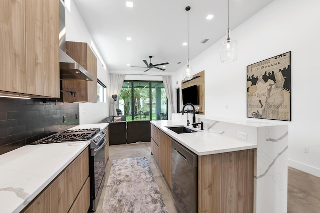 188 Yale Dr, Lake Worth Beach, FL 33460 - kitchen with a sink, dishwasher, gas range, a ceiling fan, and modern cabinets