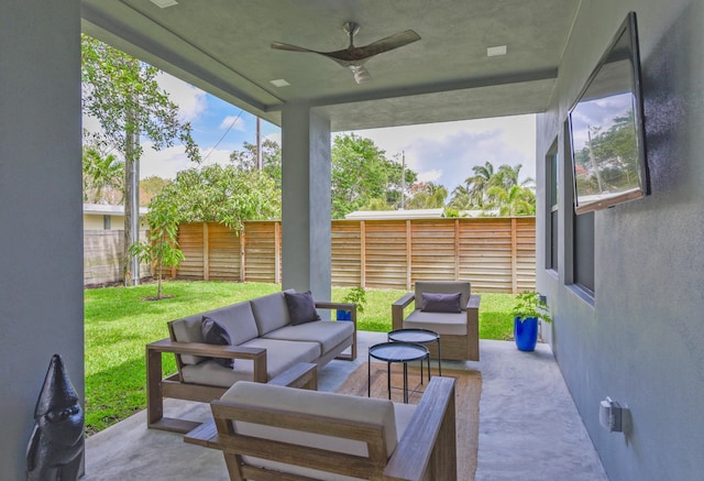 188 Yale Dr, Lake Worth Beach, FL 33460 - view of patio with an outdoor living space, ceiling fan, and a fenced backyard