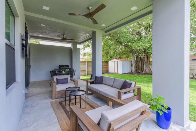 188 Yale Dr, Lake Worth Beach, FL 33460 - view of patio with fence, an outdoor structure, an outdoor living space, a shed, and ceiling fan