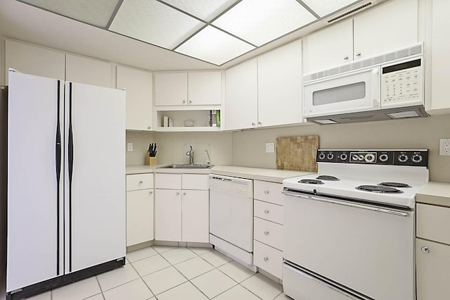kitchen with open shelves, a sink, white appliances, light countertops, and white cabinetry