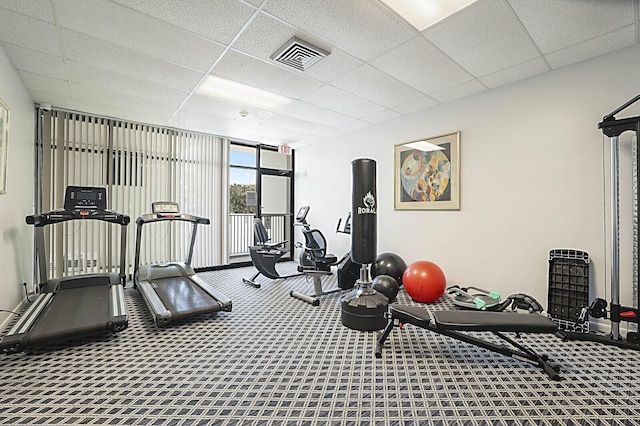 exercise room featuring a wall of windows, visible vents, a paneled ceiling, baseboards, and carpet flooring