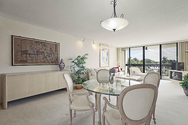 carpeted dining area with a textured ceiling, rail lighting, and floor to ceiling windows