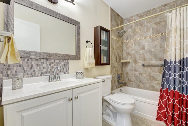 245 Bilbao St, Royal Palm Beach, FL 33411 - bathroom featuring decorative backsplash, shower / bath combination with curtain, toilet, and vanity
