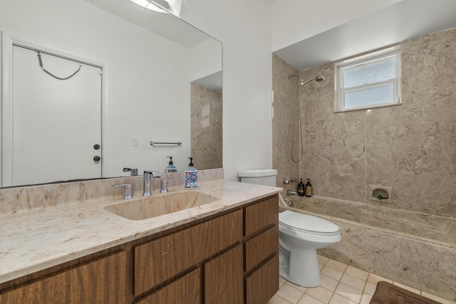 bathroom with tile patterned floors, toilet, shower / bathing tub combination, and vanity