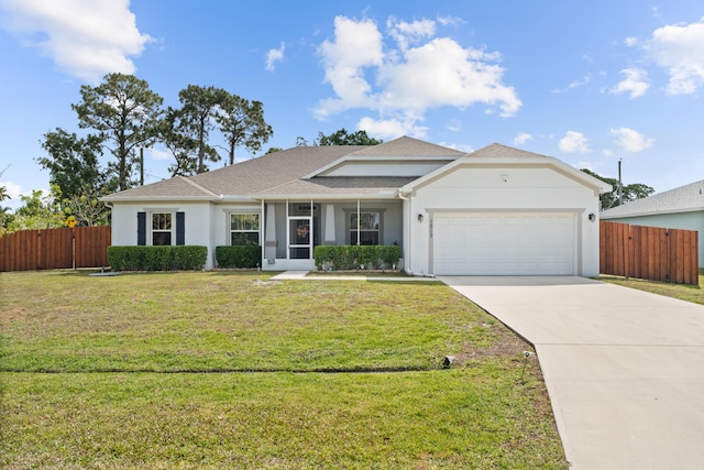 ranch-style house featuring concrete driveway, stucco siding, a garage, and fence