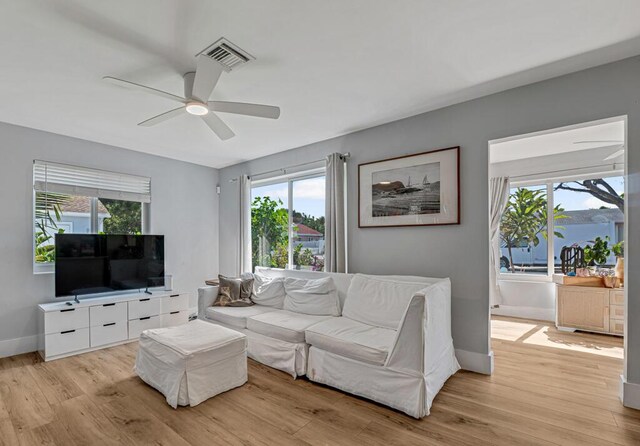 923 N H St, Lake Worth Beach, FL 33460 - living room featuring baseboards, ceiling fan, light wood-style flooring, and visible vents