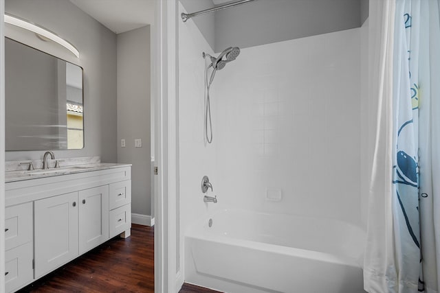 1317 Beacon Cir, Wellington, FL 33414 - bathroom with shower / tub combo with curtain, wood finished floors, vanity, and baseboards