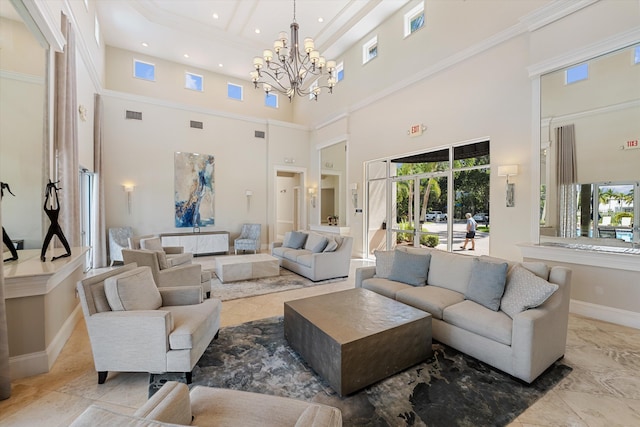 1317 Beacon Cir, Wellington, FL 33414 - living room with a chandelier, a towering ceiling, recessed lighting, and baseboards