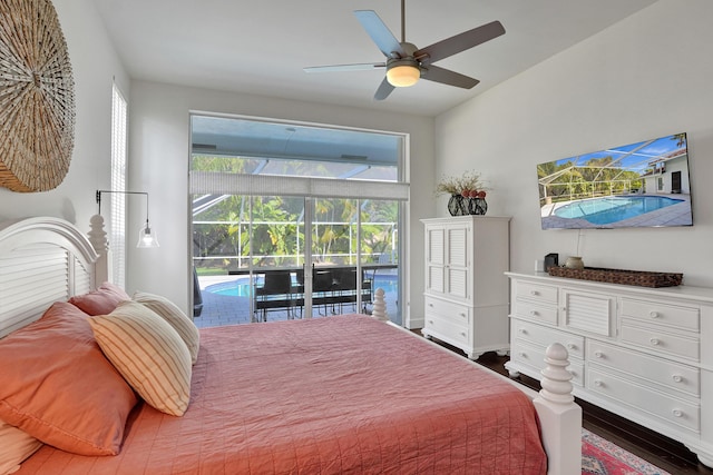 bedroom with access to exterior, wood finished floors, and a ceiling fan
