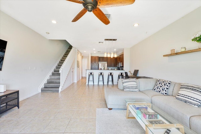 4738 Sundance Way, Davie, FL 33328 - living area featuring ceiling fan, stairs, recessed lighting, light tile patterned floors, and visible vents