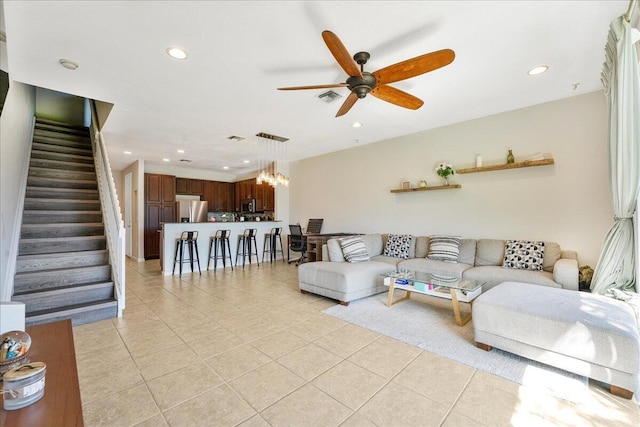 4738 Sundance Way, Davie, FL 33328 - living area featuring recessed lighting, a ceiling fan, stairs, and light tile patterned flooring