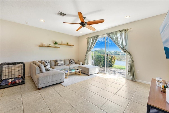 4738 Sundance Way, Davie, FL 33328 - living room with ceiling fan, recessed lighting, baseboards, light tile patterned floors, and visible vents