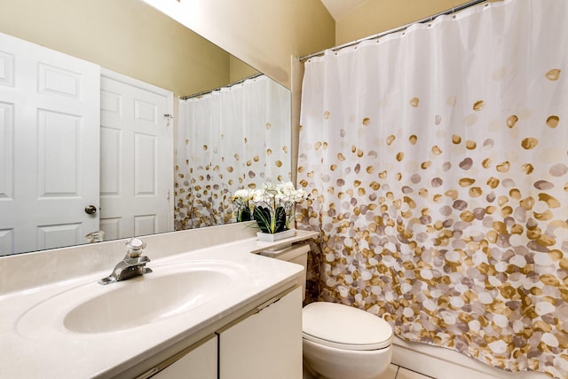 bathroom with toilet, vanity, and a shower with shower curtain