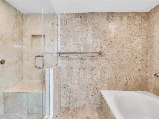 20110 Boca W Dr Unit 232, Boca Raton, FL 33434 - full bath with a bath, tile walls, and a shower stall