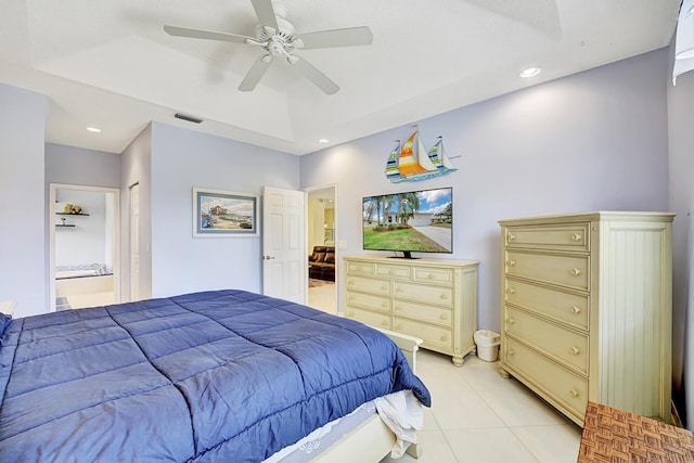 bedroom with recessed lighting, light tile patterned floors, ensuite bath, ceiling fan, and visible vents