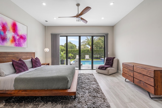 bedroom with access to exterior, recessed lighting, ceiling fan, baseboards, and light wood-style floors
