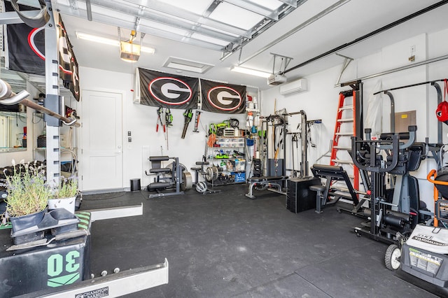 garage featuring a garage door opener and an AC wall unit